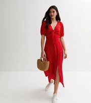 New Look Red Spot Tie Front Split Midi Dress